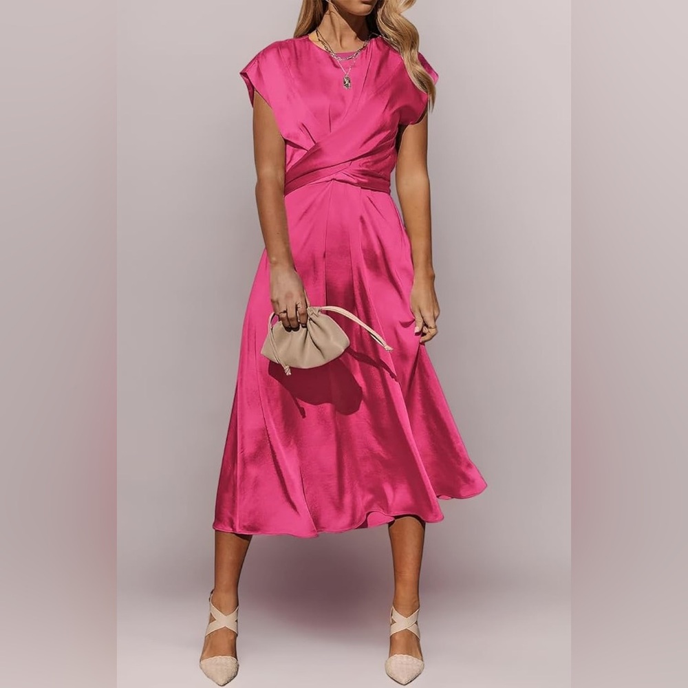 PrettyGarden Wrap Dress Pink Satin Midi | S | Wedding Guest | Cocktail | Formal